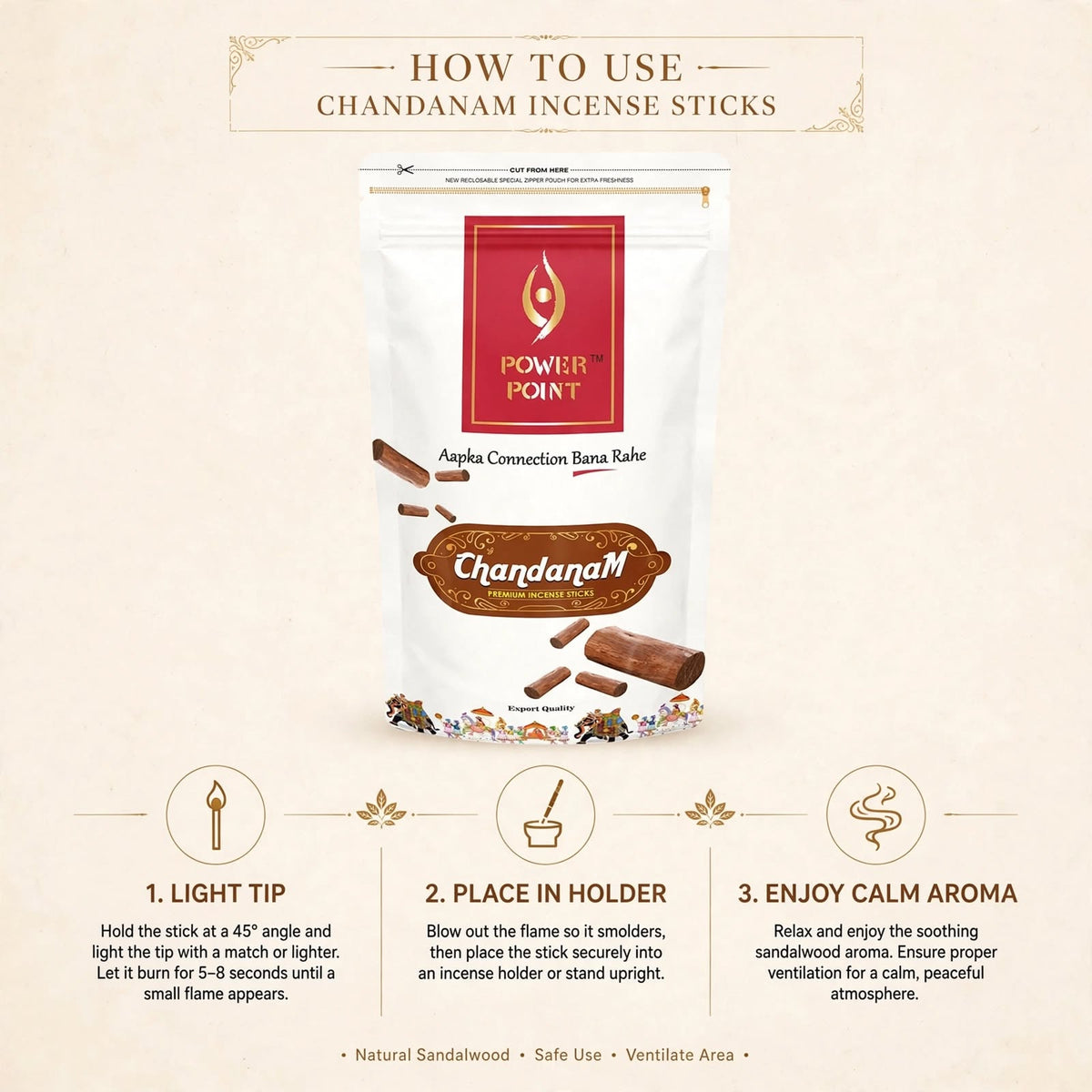 Power Point Chandanam Agarbatti 110g | Mysore Sandalwood Incense Sticks | Charcoal-Free Premium Fragrance for Puja, Meditation & Home