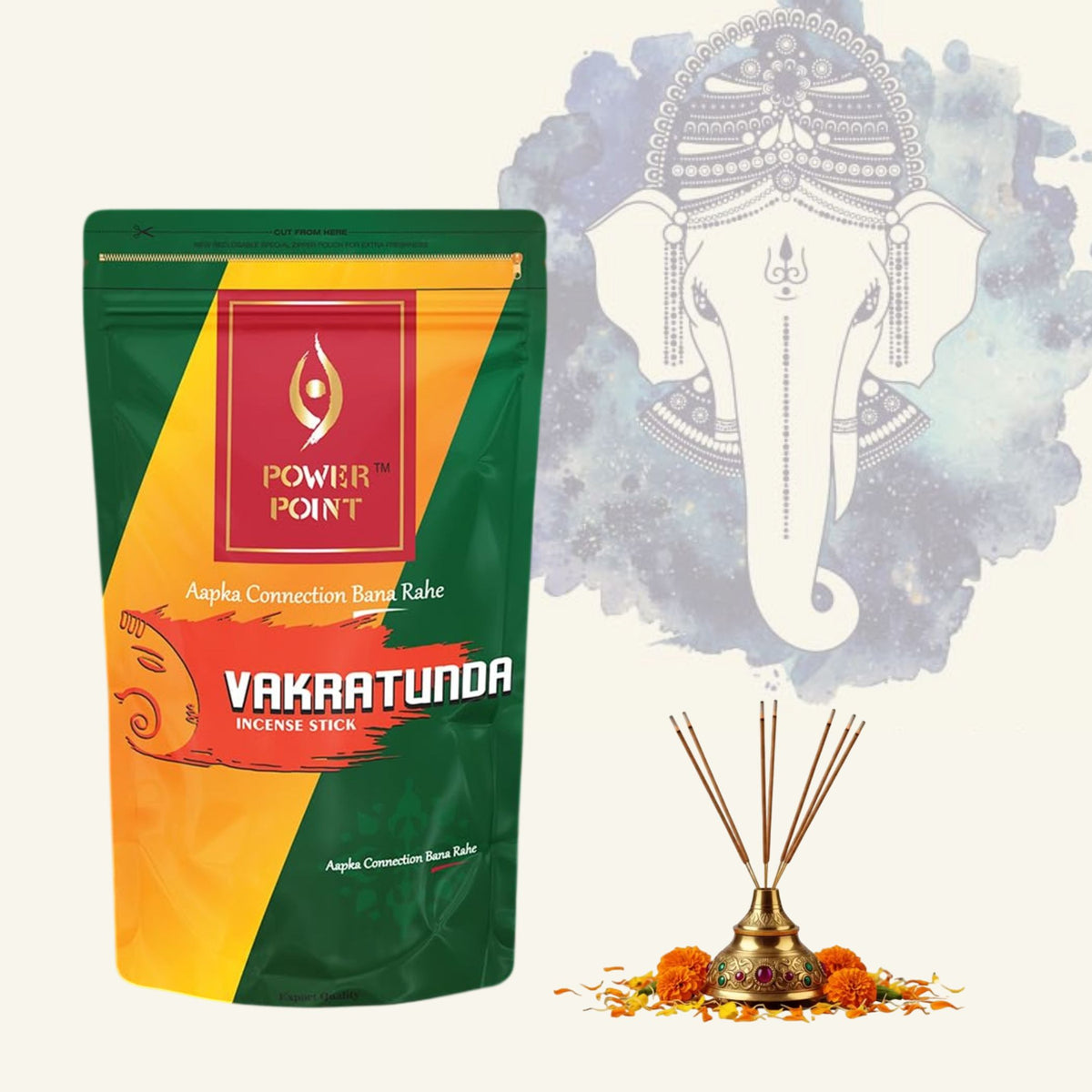 PowerPoint Vakratunda Incense Sticks (110g) | Camphor & Cardamom | Kesar Saffron & Marigold | Sandalwood & Frankincense | Eco-Friendly Box