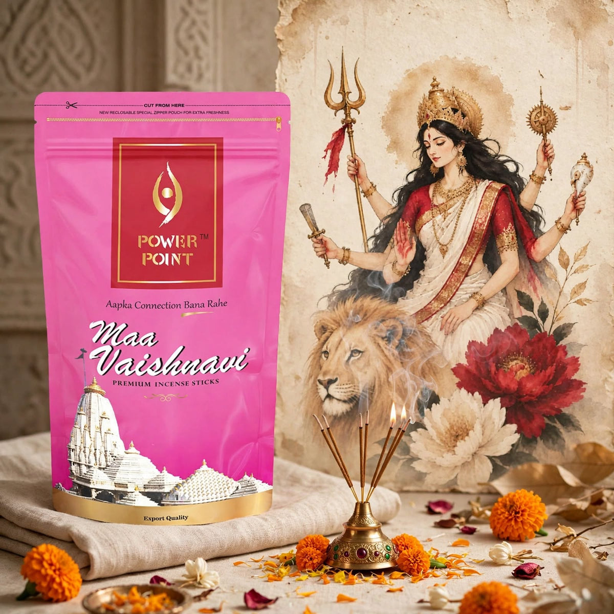 Power Point Maa Vaishnavi Incense Sticks (110g) | Tulsi & Hibiscus Blossom | Guggul Resin & Sacred Oud | Premium Crimson Slider Box