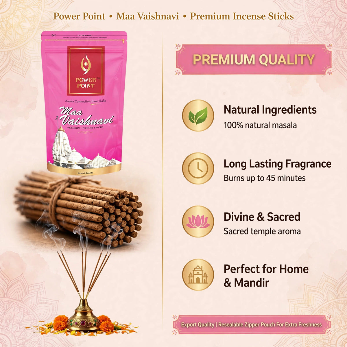 Power Point Maa Vaishnavi Incense Sticks (110g) | Tulsi & Hibiscus Blossom | Guggul Resin & Sacred Oud | Premium Crimson Slider Box